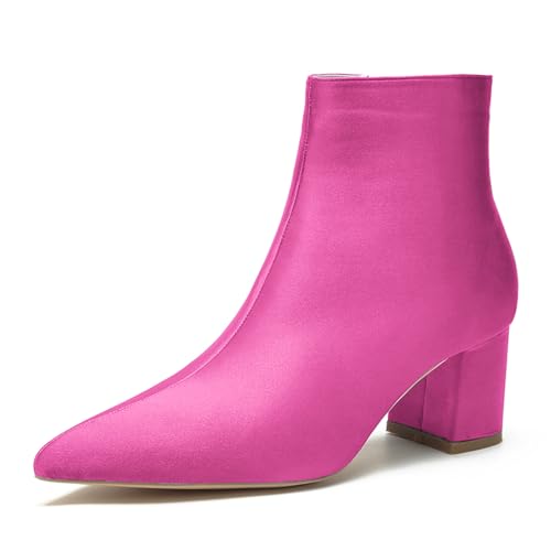 LRMYMHY Damen Chunky Block Niedriger Absatz Chelsea Stiefeletten Spitz Zehen Seite Reißverschluss Büro Klassisch Satin Kleid Kurz Stiefelette,Fuchsia,39 EU von LRMYMHY