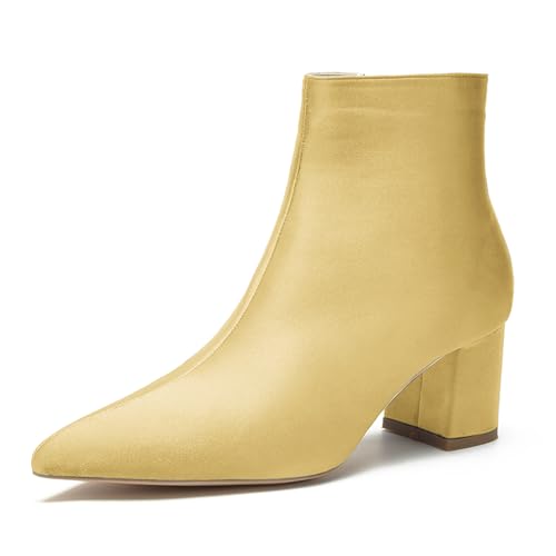 LRMYMHY Damen Chunky Block Niedriger Absatz Chelsea Stiefeletten Spitz Zehen Seite Reißverschluss Büro Klassisch Satin Kleid Kurz Stiefelette,Gold,38 EU von LRMYMHY
