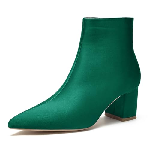 LRMYMHY Damen Chunky Block Niedriger Absatz Chelsea Stiefeletten Spitz Zehen Seite Reißverschluss Büro Klassisch Satin Kleid Kurz Stiefelette,Grün,37 EU von LRMYMHY