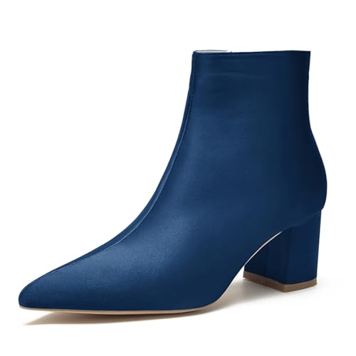 LRMYMHY Damen Chunky Block Niedriger Absatz Chelsea Stiefeletten Spitz Zehen Seite Reißverschluss Büro Klassisch Satin Kleid Kurz Stiefelette,Marine,40 EU von LRMYMHY