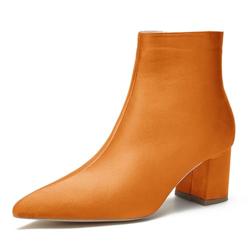 LRMYMHY Damen Chunky Block Niedriger Absatz Chelsea Stiefeletten Spitz Zehen Seite Reißverschluss Büro Klassisch Satin Kleid Kurz Stiefelette,Orange,39 EU von LRMYMHY