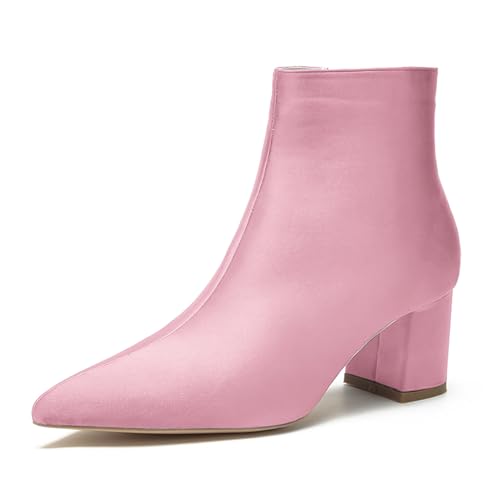 LRMYMHY Damen Chunky Block Niedriger Absatz Chelsea Stiefeletten Spitz Zehen Seite Reißverschluss Büro Klassisch Satin Kleid Kurz Stiefelette,Rosa,35 EU von LRMYMHY