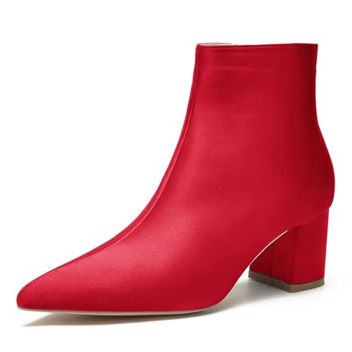 LRMYMHY Damen Chunky Block Niedriger Absatz Chelsea Stiefeletten Spitz Zehen Seite Reißverschluss Büro Klassisch Satin Kleid Kurz Stiefelette,Rot,39 EU von LRMYMHY