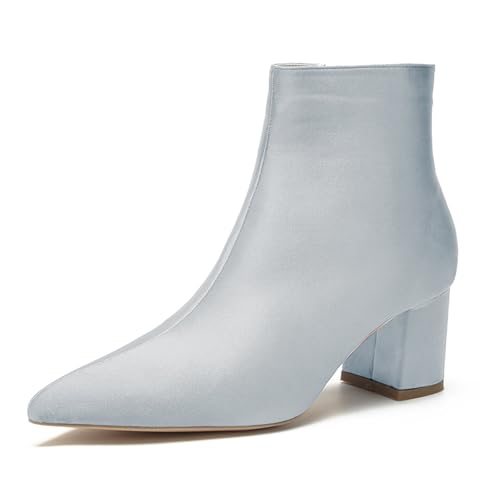LRMYMHY Damen Chunky Block Niedriger Absatz Chelsea Stiefeletten Spitz Zehen Seite Reißverschluss Büro Klassisch Satin Kleid Kurz Stiefelette,Silber,41 EU von LRMYMHY