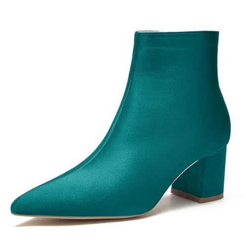 LRMYMHY Damen Chunky Block Niedriger Absatz Chelsea Stiefeletten Spitz Zehen Seite Reißverschluss Büro Klassisch Satin Kleid Kurz Stiefelette,Teal,42 EU von LRMYMHY