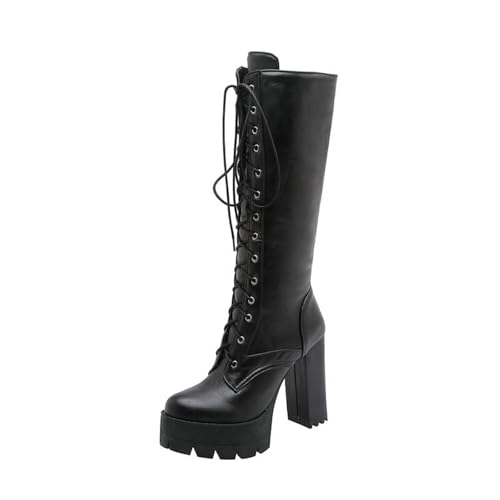 LRMYMHY Damen Chunky Heel Schnürstiefel Über Dem Knie Kampfstiefel Plateau Stiefel,Schwarz,39 EU von LRMYMHY