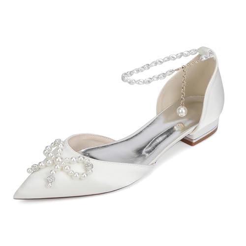LRMYMHY Damen Flache Brautschuhe Perlen Knöchelriemen Ballerinas Spitzs Zehen Satin Party Hochzeit Party Schuhe,Elfenbein,38 EU von LRMYMHY