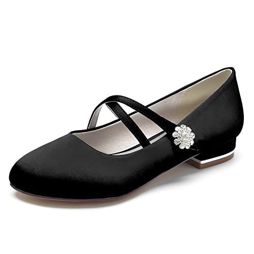 LRMYMHY Damen Flache Runde Zehe Hochzeitsschuhe Niedrige Absätze Brautschuhe Satin Ballerinas Geschlossene Abend Party Formale Schuhe,Schwarz,42 EU von LRMYMHY