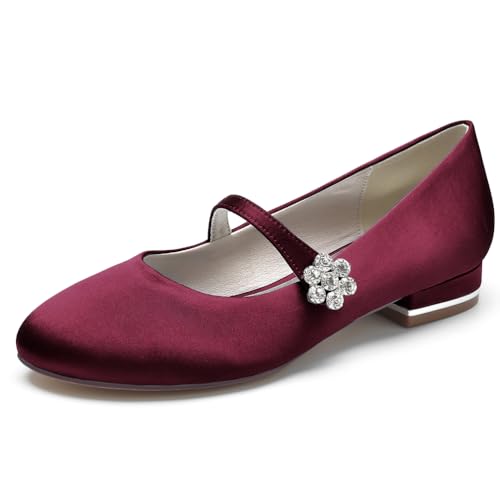 LRMYMHY Damen Geschlossene Hochzeit Flache Schuhe Mary Jane Mit Riemen Runde Spitze Abendschuhe,Burgundy,38 EU von LRMYMHY