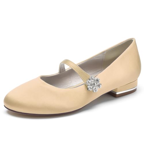LRMYMHY Damen Geschlossene Hochzeit Flache Schuhe Mary Jane Mit Riemen Runde Spitze Abendschuhe,Champagne,38 EU von LRMYMHY