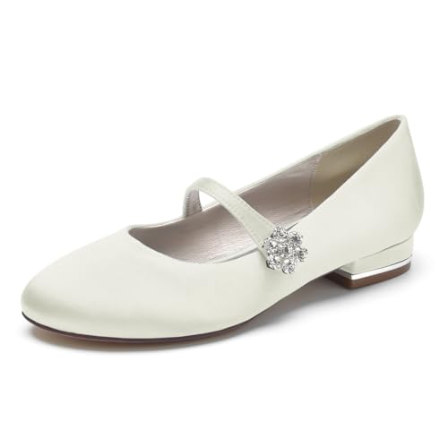 LRMYMHY Damen Geschlossene Hochzeit Flache Schuhe Mary Jane Mit Riemen Runde Spitze Abendschuhe,Elfenbein,41 EU von LRMYMHY
