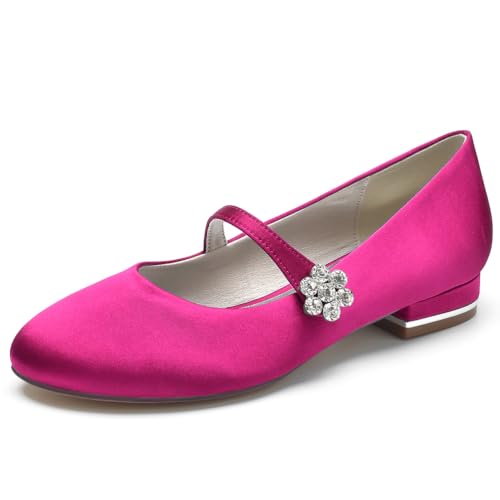 LRMYMHY Damen Geschlossene Hochzeit Flache Schuhe Mary Jane Mit Riemen Runde Spitze Abendschuhe,Fuchsia,36 EU von LRMYMHY