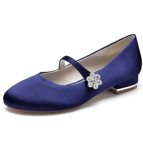 LRMYMHY Damen Geschlossene Hochzeit Flache Schuhe Mary Jane Mit Riemen Runde Spitze Abendschuhe,Marine,43 EU von LRMYMHY