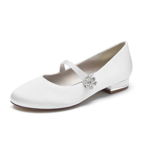 LRMYMHY Damen Geschlossene Hochzeit Flache Schuhe Mary Jane Mit Riemen Runde Spitze Abendschuhe,Weiß,37 EU von LRMYMHY