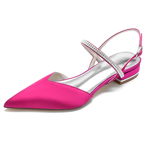 LRMYMHY Damen Geschlossene Zehe Ballerinas Strass Satin Slingback Brautschuhe Knöchelriemen Flache Hochzeitsschuhe,Fuchsia,39 EU von LRMYMHY