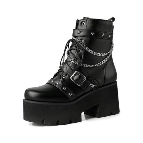 LRMYMHY Damen Goth Lack Stiefeletten Plateau Chunky Block Heel Schnürung Combat Punk Kurze Stiefeletten,Schwarz,46 EU von LRMYMHY