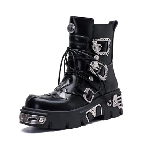 LRMYMHY Damen Goth Plateau Stiefeletten Runde Zehe Seitlicher Reißverschluss Punk Motorrad Kampf Kurze Gothic Stiefeletten,Schwarz,35 EU von LRMYMHY
