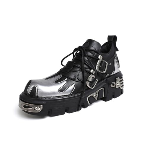 LRMYMHY Damen Goth Punk Schwarz Metallic Plateau Stiefeletten Runde Zehe Schnürung Motorrad Kampfstiefel,Schwarz,35 EU von LRMYMHY