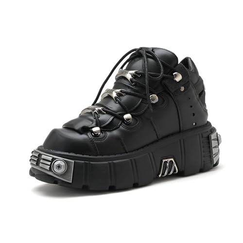 LRMYMHY Damen Goth Punk Schwarz Metallic Plateau Stiefeletten Schnürung Runde Zehe Combat Motorradstiefel,Schwarz,45 EU von LRMYMHY