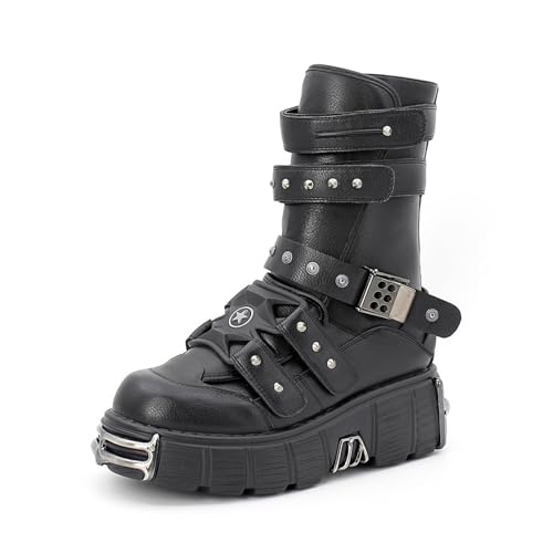 LRMYMHY Damen Goth Stiefeletten Combat Lace Up Punk Niete Motorrad Plattform Mid Wade Stiefel,Schwarz,43 EU von LRMYMHY