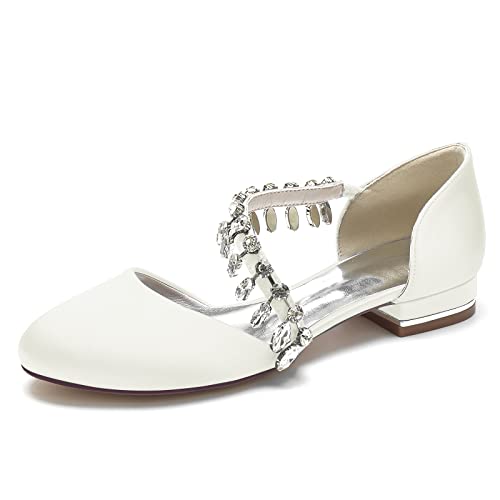LRMYMHY Damen Ivory Brautschuhe Flache Satin Ballerinas Runde Zehe Strass Satin Hochzeit Brautjungfernschuhe,Elfenbein,37 EU von LRMYMHY