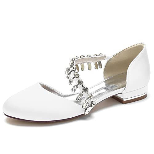 LRMYMHY Damen Ivory Brautschuhe Flache Satin Ballerinas Runde Zehe Strass Satin Hochzeit Brautjungfernschuhe,Weiß,40 EU von LRMYMHY