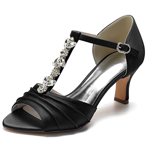 LRMYMHY Damen Kätzchenabsatz Braut Sandalen T-Riemen Satin Strass Offene Zehen Party Hochzeitsschuhe,Schwarz,37 EU von LRMYMHY