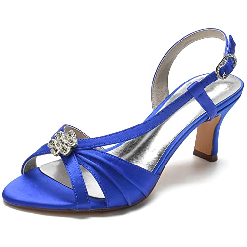 LRMYMHY Damen Kätzchenabsatz Elfenbein Hochzeitsschuhe Peeptoe Satin Strass Slingback Brautschuhe Mit Schnalle,Blau,36 EU von LRMYMHY