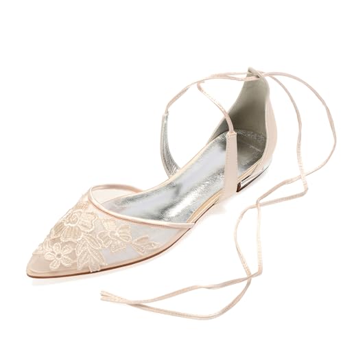 LRMYMHY Damen Knöchelriemen Hochzeit Ballerinas Geschlossene Zehe Netzstoff Flache Brautschuhe Brautjungfer Schuhe,Champagne,42 EU von LRMYMHY