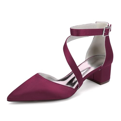 LRMYMHY Damen Knöchelriemen Hochzeitssandalen Blockabsatz Satin Spitze Zehen Brautschuhe Brautjungfernschuhe,Burgundy,37 EU von LRMYMHY