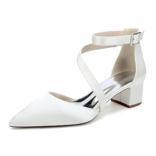 LRMYMHY Damen Knöchelriemen Hochzeitssandalen Blockabsatz Satin Spitze Zehen Brautschuhe Brautjungfernschuhe,Elfenbein,38 EU von LRMYMHY