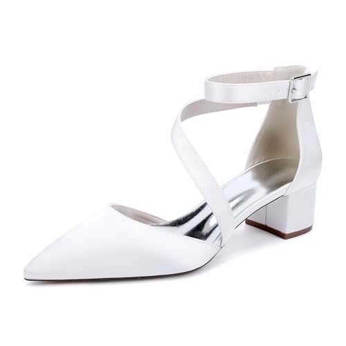 LRMYMHY Damen Knöchelriemen Hochzeitssandalen Blockabsatz Satin Spitze Zehen Brautschuhe Brautjungfernschuhe,Weiß,37 EU von LRMYMHY