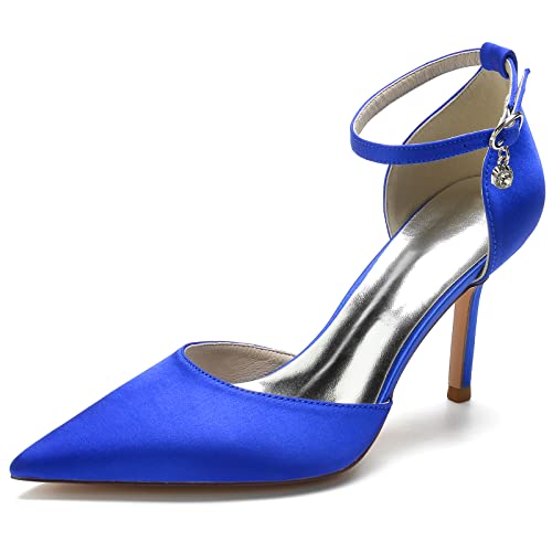 LRMYMHY Damen Knöchelriemen Hochzeitsschuhe Spitzer Zehenbereich Brautkleid Heeled Sandals Stilettos Pumps,Blau,41 EU von LRMYMHY