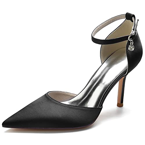 Damen Knöchelriemen Hochzeitsschuhe Spitzer Zehenbereich Brautkleid Heeled Sandals Stilettos Pumps,Schwarz,36 EU von LRMYMHY