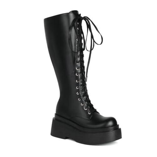 LRMYMHY Damen Lace Up Kniehohe Kampfstiefel Plattform Motorrad Reiten Lange Stiefel,Schwarz,34 EU von LRMYMHY