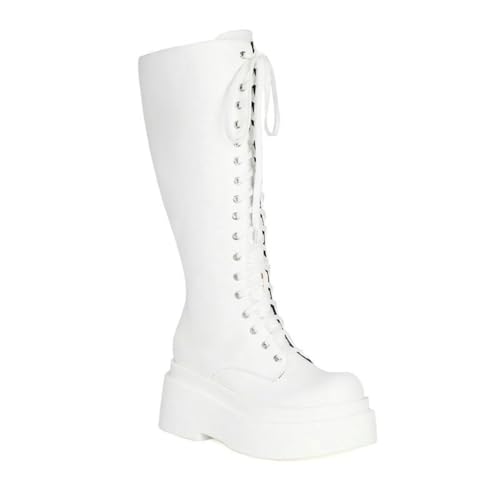 LRMYMHY Damen Lace Up Kniehohe Kampfstiefel Plattform Motorrad Reiten Lange Stiefel,Weiß,40 EU von LRMYMHY