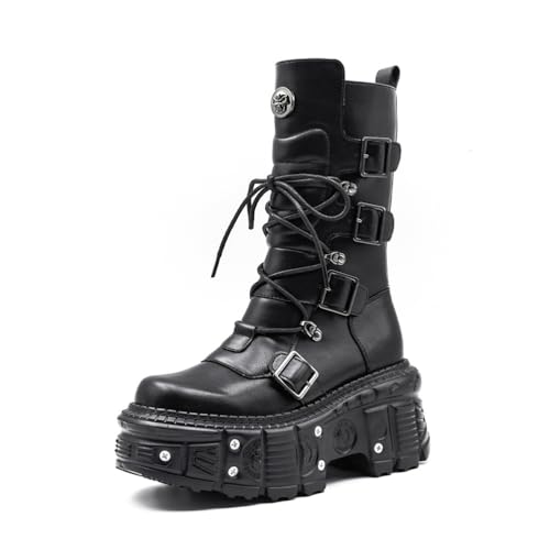 LRMYMHY Damen Metall Plateau Goth Stiefel Punk Stil Schnürer Combat Boots Ankle Bootie Schwarz Gothic Biker Boots,Schwarz,38 EU von LRMYMHY