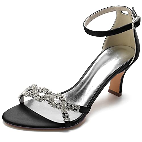 LRMYMHY Damen Offene Zehenpartie Satin Hochzeitsschuhe für Braut Knöchelriemchen Brautschuhe Kätzchenabsatz Abend Sandaletten,Schwarz,37 EU von LRMYMHY