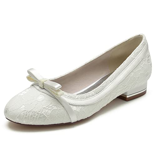 LRMYMHY Damen Runde Zehe Spitze Brautschuhe Low Heel Ballerinas Slip on Brautschuhe,Elfenbein,37 EU von LRMYMHY