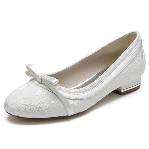LRMYMHY Damen Runde Zehe Spitze Brautschuhe Low Heel Ballerinas Slip on Brautschuhe,Weiß,38 EU von LRMYMHY