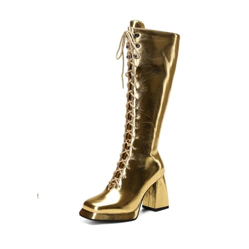 LRMYMHY Damen Schnürung Silber Knie Seitlicher Reißverschluss Block Heel Reitstiefel,Gold,39 EU von LRMYMHY