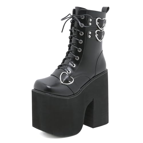 LRMYMHY Damen Schwarz Schnürschuhe Goth Plateau Stiefel High Chunky Block Heel Knöchel Gothic Kampfstiefel Runde Zehe Reißverschluss Punk Kurze Stiefeletten,Schwarz,36 EU von LRMYMHY