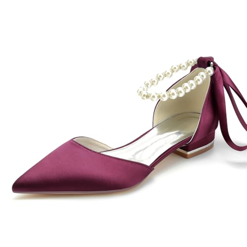 LRMYMHY Damen Spitze Zehen Elfenbein Hochzeits-Flats Satin Perlen Knöchelriemen Hochzeits-Schuhe Für Braut Ball Abend Brautparty Kleid Flats,Burgundy,38 EU von LRMYMHY