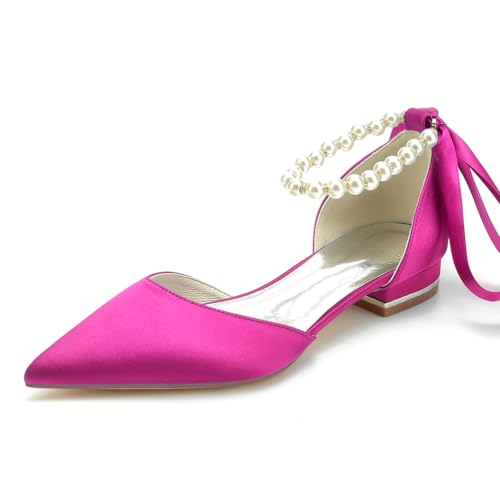 LRMYMHY Damen Spitze Zehen Elfenbein Hochzeits-Flats Satin Perlen Knöchelriemen Hochzeits-Schuhe Für Braut Ball Abend Brautparty Kleid Flats,Fuchsia,36 EU von LRMYMHY