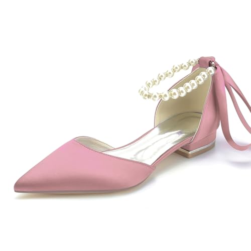 LRMYMHY Damen Spitze Zehen Elfenbein Hochzeits-Flats Satin Perlen Knöchelriemen Hochzeits-Schuhe Für Braut Ball Abend Brautparty Kleid Flats,Rosa,42 EU von LRMYMHY