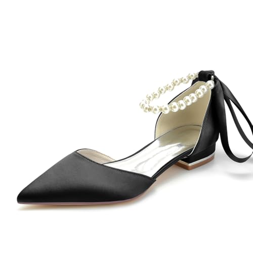LRMYMHY Damen Spitze Zehen Elfenbein Hochzeits-Flats Satin Perlen Knöchelriemen Hochzeits-Schuhe Für Braut Ball Abend Brautparty Kleid Flats,Schwarz,37 EU von LRMYMHY