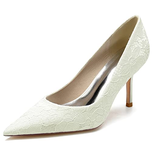 LRMYMHY Damen Weiße Brautschuhe Aus Spitze Mit Hohem Absatz Spitze Zehen Partei Abendschuhe Slip on Spitze Hochzeitsschuhe,Elfenbein,36 EU von LRMYMHY