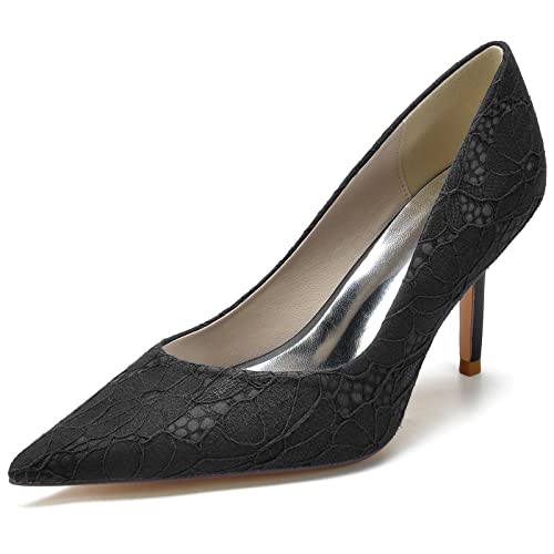 LRMYMHY Damen Weiße Brautschuhe Aus Spitze Mit Hohem Absatz Spitze Zehen Partei Abendschuhe Slip on Spitze Hochzeitsschuhe,Schwarz,36 EU von LRMYMHY