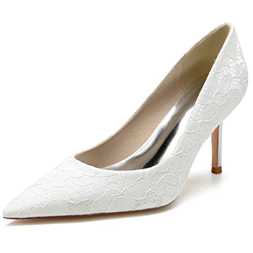 LRMYMHY Damen Weiße Brautschuhe Aus Spitze Mit Hohem Absatz Spitze Zehen Partei Abendschuhe Slip on Spitze Hochzeitsschuhe,Weiß,38 EU von LRMYMHY