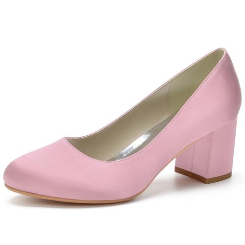 LRMYMHY Frauen Geschlossene Runde Zehen Hochzeitsschuhe Blockabsatz Kleid Pumps Satin Party Brautschuhe,Rosa,42 EU von LRMYMHY